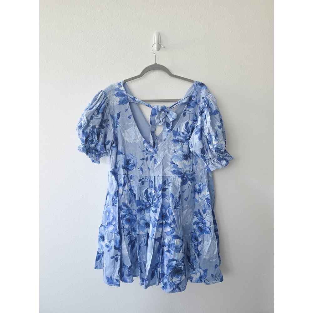 Altar'd State Blue Floral Tiered Mini Dress Puff Sleeve Tie Back XL